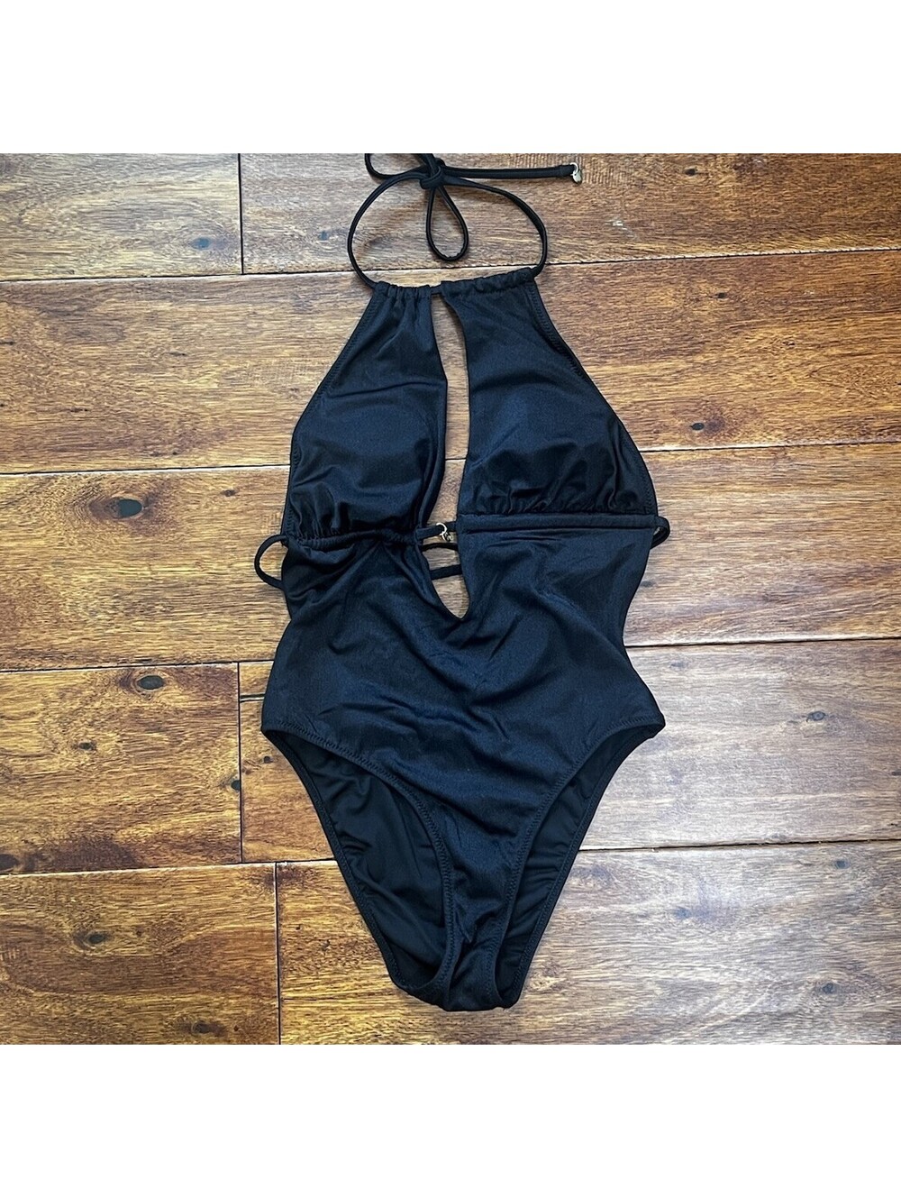 Victoria's Secret Black High Neck Keyhole Plunge One Piece Swimsuit XS Gold Logo